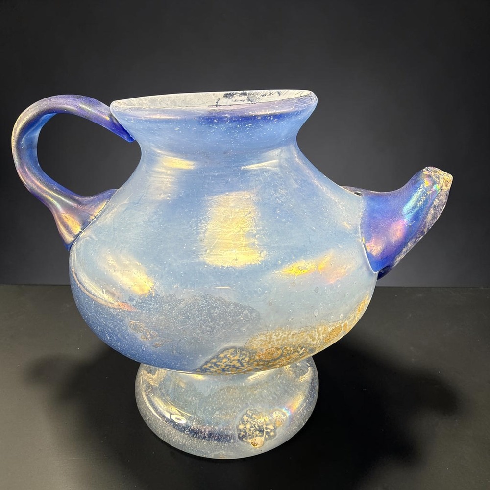 Roman Hand Blown Glass Vessel Iridescent Blue Textured Spouted Pitcher Vase 7x6